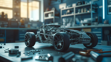 Model Racing Car on Workbench - obrazy, fototapety, plakaty