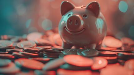 Piggy Bank on Pile of Coins - obrazy, fototapety, plakaty
