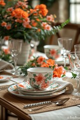 Fototapeta premium A table set for a formal dinner with orange flowers as the centerpiece. Mother's Day, Birthday, Wedding, Holiday