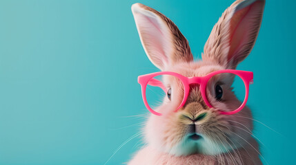 Rabbit Wearing Pink Glasses on Blue Background