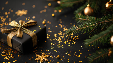 Black Gift Box With Gold Bow on Black Background