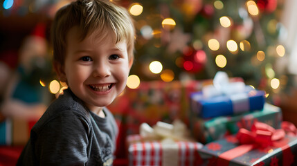 Fototapeta na wymiar Little Boy Standing in Front of Christmas Tree