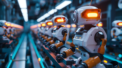 Row of Robots on Conveyor Belt - obrazy, fototapety, plakaty