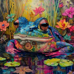 A painting depicting a frog resting atop the calm surface of a body of water.