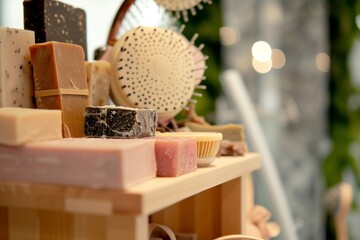 closeup of a podium with artisanal soaps, shower head soft in the back