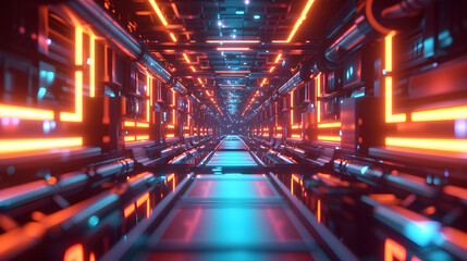 Fototapeta na wymiar Futuristic Long Hallway Illuminated by Neon Lights