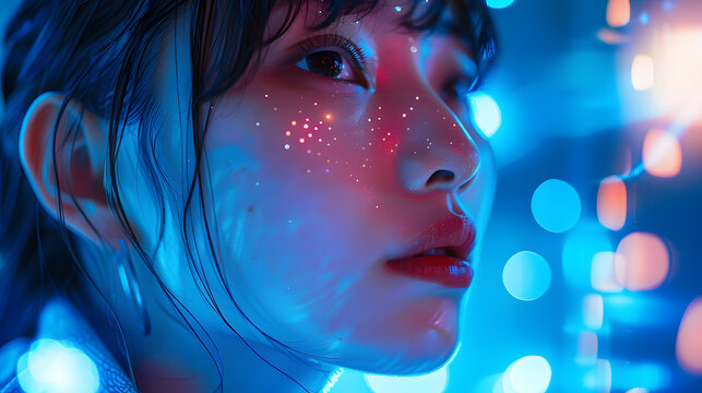 Woman in Blue Light With Star Painted Face