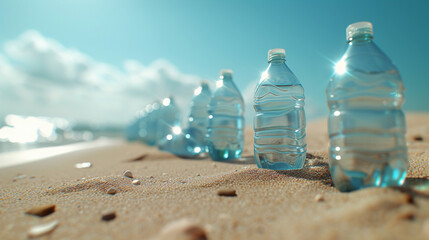 Row of Water Bottles on Sandy Beach - obrazy, fototapety, plakaty