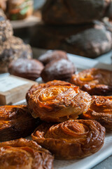 Delicious pastries in a bakery. Freshly baked. Variety of pastries.