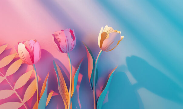 artistic paper tulips with soft shadows on a pink and blue gradient