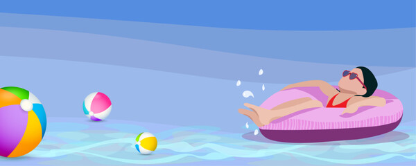 Girl in an inflatable swimming ring, background, banner