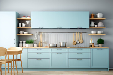 Fototapeta na wymiar Kitchen interior with blue walls, wooden floor and blue cupboards. 3d rendering