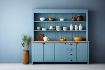 Kitchen interior with blue walls, wooden floor and blue cupboards. 3d rendering