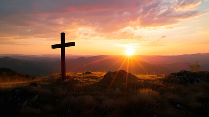 Cross on Hill at Sunset