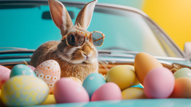 Rabbit Wearing Sunglasses Sitting in Front of Car