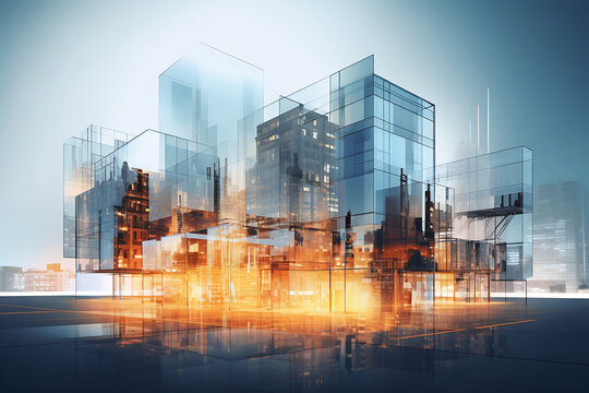 Abstract city background. 3d rendering, toned image double exposure