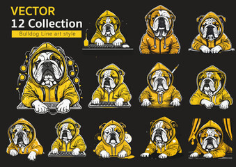12 Bulldog Line art style illustrator Vector 