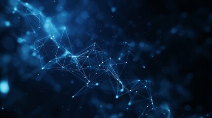 Abstract network structure, connected dots, network connections, blue and white colored lines, and dots form a 3D Polygon, suitable for information and technology-themed backgrounds. AI Generated.