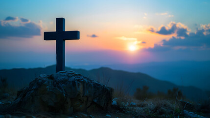 Cross on Hill With Sunset
