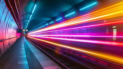 Train Travelling Through Brightly Lit Tunnel