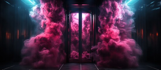 Smoke neon lights Open elevator door, Empty space background