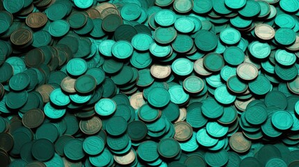 Background with coins is Turquoise color. - obrazy, fototapety, plakaty