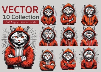 10 Cat Angry Line art style illustrator Vector 