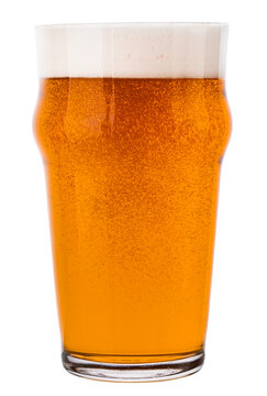Bubbling beer in nonic pint glass isolated on white
