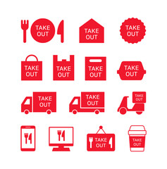 A set of concept icons for ordering, packaging and delivery in restaurants, cafes, shops, shopping malls, stores and markets. Simple icon for takeout food, coffee, etc.