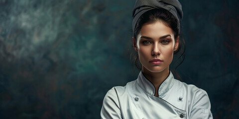 Beautiful female chef on dark background, ai technology