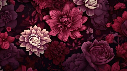  Background with different flowers in Burgundy color