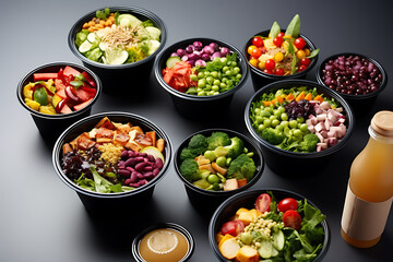 Healthy food in plastic containers on a black background, top view