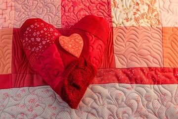 a patchwork heart composed of red fabrics on a quilt