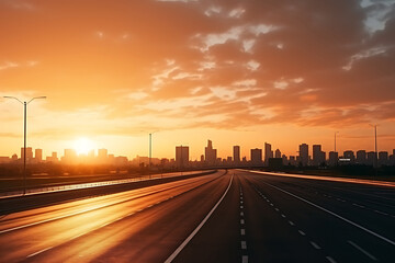highway in shanghai at sunset with cityscape in background