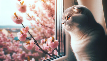 春の桜が咲く外を窓から眺めるペットの猫 - obrazy, fototapety, plakaty