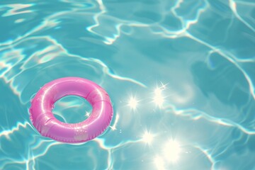 pink ring floating in a pool with glittering sunlight patterns - obrazy, fototapety, plakaty