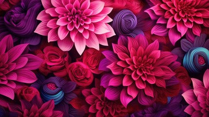  Background with different flowers in Fuschia color. - obrazy, fototapety, plakaty