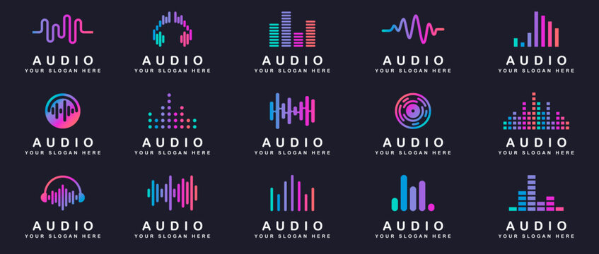 Audio logo collection. Abstract music logo collection. Set of audio icons. Logo of music with line art style. Sound wave, music, production logo
