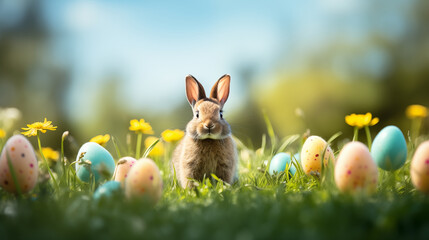 Little Easter bunny with Easter eggs on a colourful green meadow with sunlight, Generative AI - 736117428