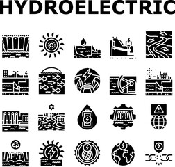Naklejka premium hydroelectric power plant energy icons set vector. hydro dam, station generator, water electricity green, electric industry hydroelectric power plant energy glyph pictogram Illustrations