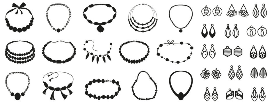 Black necklace and bundle earrings icon collection. Set of jewelry necklaces and earrings. Beauty necklace and earrings element collection
