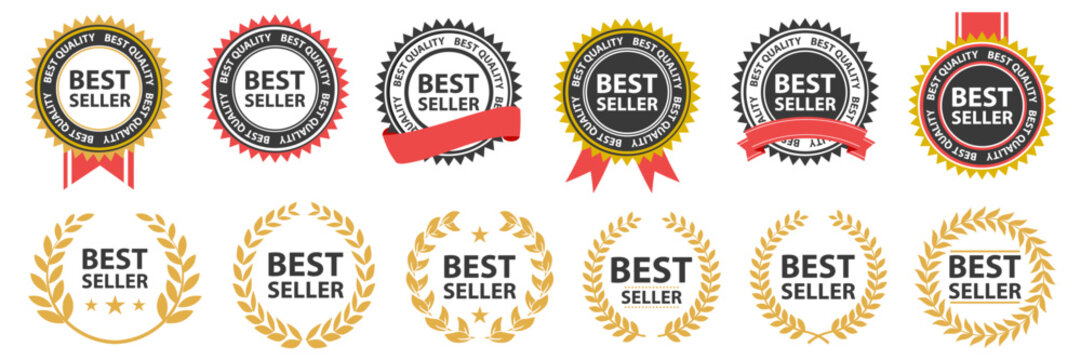Best seller sticker, label, banner, ribbon collection. Set of best seller emblem for sale, special offer, promotion, advertising