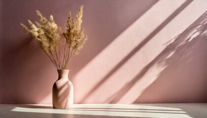 floor vase with dry plants on pink wall background with beautiful sunlight
