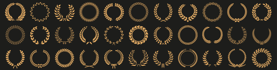 Laurel wreath collection. Set of wreaths and branches. Laurels wreaths, swirls, twigs collection. Award, success, champion wreath icon collection