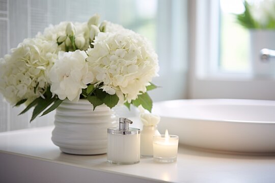 a white vase with flowers and candles