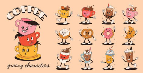 Retro groovy set with coffee mascot, cartoon characters, funny colorful doodle style characters, cappuccino, cocoa, latte, espresso and americano. Vector illustration on beige isolated background.