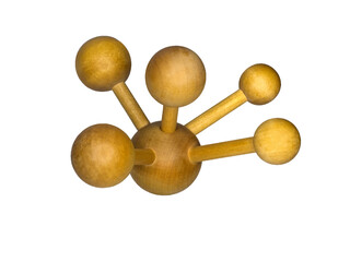 A hand-held massager made of wood in the form of a molecule model with six balls.