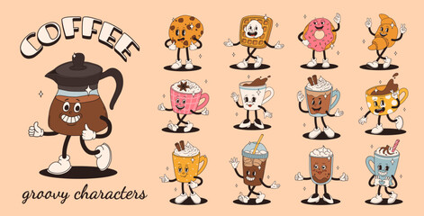 Retro groovy set with coffee mascot, cartoon characters, funny colorful doodle style characters, cappuccino, cocoa, latte, espresso and americano. Vector illustration on beige isolated background. - obrazy, fototapety, plakaty
