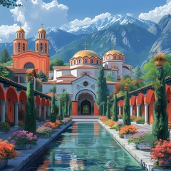 Serene Monastery with Reflective Pool Amidst Majestic Mountains