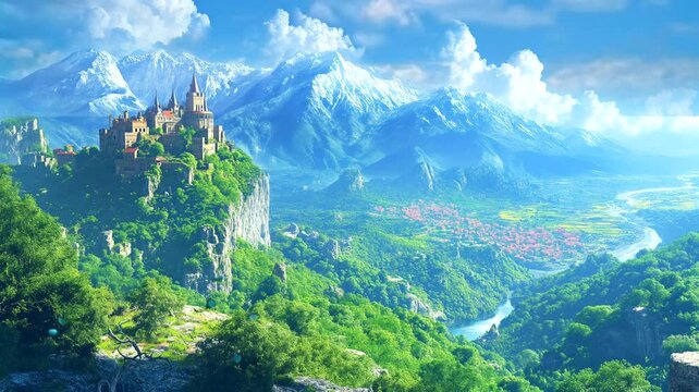 Panorama of mountain landscape with castle on cliff. Seamless looping time-lapse 4k video animation background